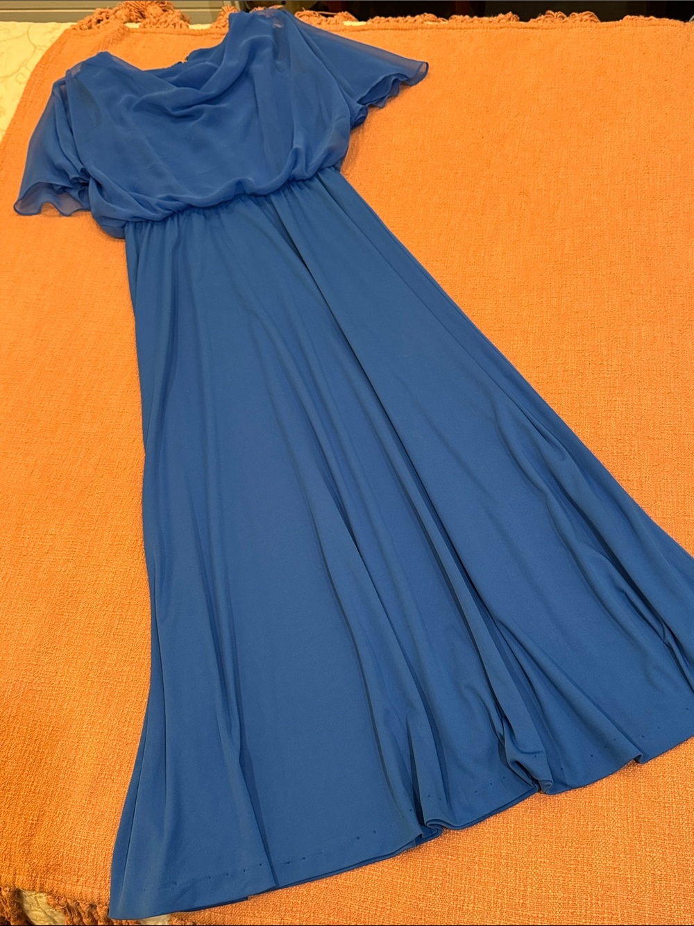 Vintage 70s Flowing Blue Chiffon Maxi Dress with Blouson Bodice